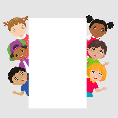 Cute cartoon kids frame.Funny kids of different races with various hairstyles. Place for textのイラスト素材