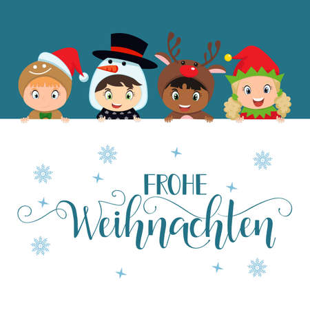 Santa's Helpers - elf, snowman, reindeer, gingerbread holding poster. Merry Christmas hand drawn calligraphy lettering. German Text Frohe Weihnachten: Happy Christmas.のイラスト素材