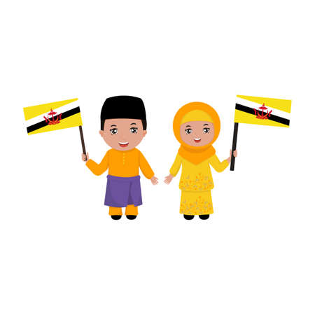 Boy and girl in traditional clothes. Brunei Vector flat illustration.のイラスト素材
