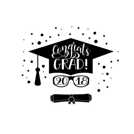 Template of the graduation class in 2018. Graduation design with hut and text. Congrats Grad Concept shirt, seal, stamp or stamp, greetings, invitation.のイラスト素材