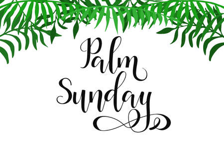 Palm Sunday Happy Easter lettering card with palm leaves on white background.   vector illustration.のイラスト素材