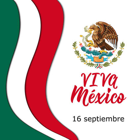 text in Spanish: Viva Mexico, 16 September. Lettering. Mexico Happy Independence Day greeting card. Hand drawn vector illustration. element for flyers, banner and posters Modern calligraphy.のイラスト素材