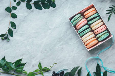 leaves and pastel French macarons cakes on a marble surface. Flat lay composition from above, top view . background with copy space for text from right.の写真素材