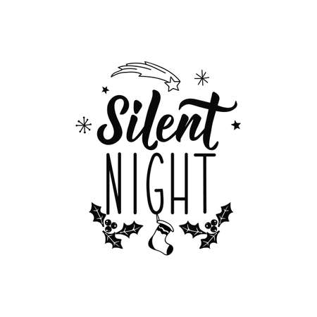 Silent night. Merry Christmas. Lettering. Hand drawn vector illustration. element for flyers, banner, t-shirt and posters winter holiday design. Modern calligraphyのイラスト素材