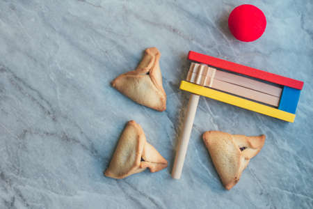 Purim celebration concept. Jewish carnival holiday. Top view. place for text.の写真素材