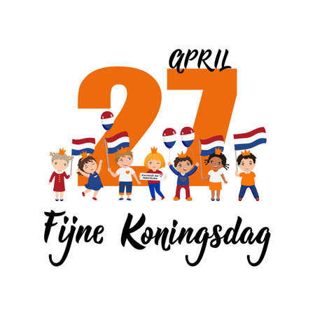 Dutch text: Happy King's Day, April 27th. Lettering. vector illustration. element for flyers, banner and posters. Modern calligraphy. Fijne Koningsdag. kids logoのイラスト素材