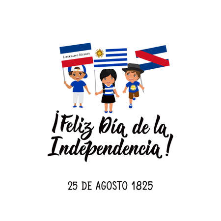 Text in Spanish: Happy Independence Day Uruguay. August 25, 1825. Lettering. Vector illustration. Design concept independence day celebration, card, kids logo. Freedom or deathのイラスト素材