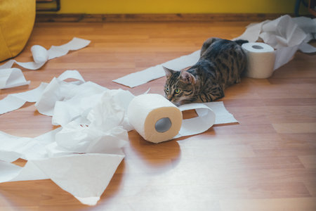 Cute cat playing with a toilet paper, on a wooden background. Concept of adopt petsの写真素材