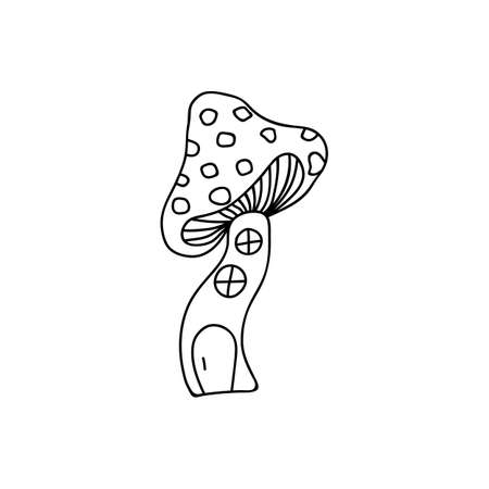 Single hand drawn mushroom hut for goblin or gnome. Doodle vector illustration. Isolate on a white background. Goblincore print.のイラスト素材