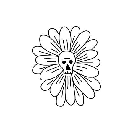 Single hand drawn flower with a skull. Doodle vector illustration. Isolated on a white background. Goblincore styleのイラスト素材