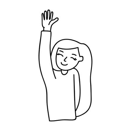 Single hand drawn girl raised her hand in greeting. Doodle vector illustration. Isolated on a white background.のイラスト素材