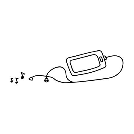 Single hand drawn smart phone with headphones. Listen to music. Doodle vector illustration. Isolated on a white background.のイラスト素材