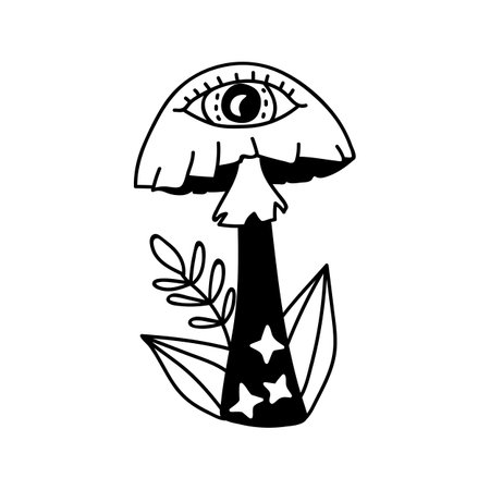 Celestial mushroom. Mystical boho mushroom with stars.   Doodle vector illustration.のイラスト素材