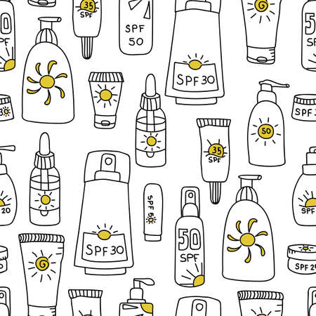 Seamless pattern with bottles with sunscreen. Print for textile, wallpaper, covers, surface. Retro...