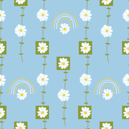 Seamless decorative colorful pattern with daisies and rainbows. Print for textile, wallpaper,...