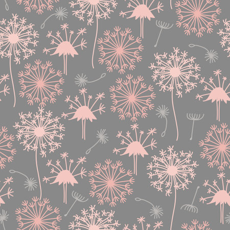 Seamless dandelion pattern. Stylish pastel print. Print for textile, wallpaper, covers, surface. For fashion fabric. Flying of dandelions.のイラスト素材