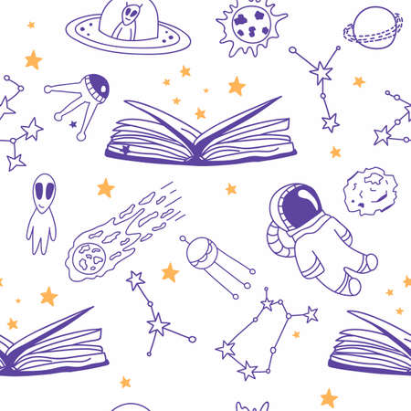 Seamless pattern with stars, planets and astronaut. Astronomical background. Print for textile, covers, surface. For fashion fabric.のイラスト素材