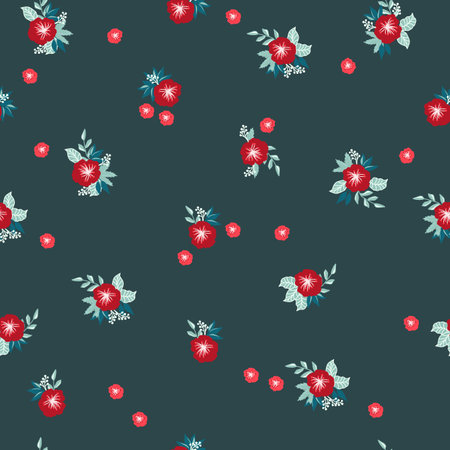 Seamless decorative elegant pattern with cute red flowers. Print for textile, wallpaper, covers, surface. For fashion fabric. Modern style millefleurs.のイラスト素材