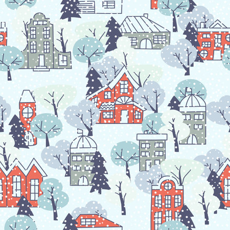 Seamless snow pattern with simple bright houses and trees. winter time background.のイラスト素材