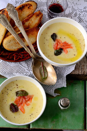 Potato cream soup with smoked troutの写真素材