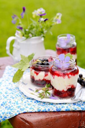 natural yogurt with fresh berries in a bowl on wooden tableの写真素材