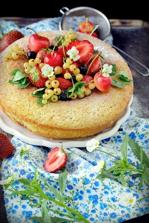sponge cake with berries on the tableclothの写真素材