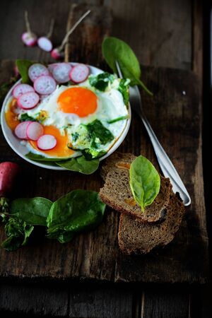 scrambled eggs with spinach and radish food closeupの写真素材