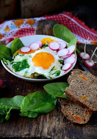 scrambled eggs with spinach and radish food closeupの写真素材