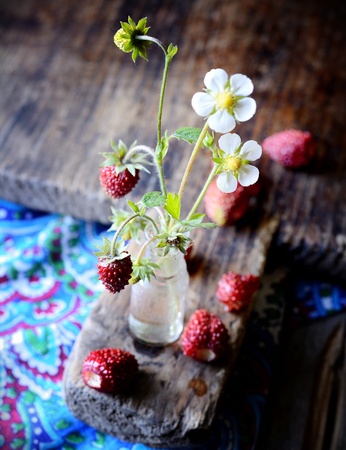 Bunch of wild strawberries on old wooden table  small depth of fieldの写真素材