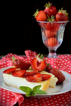 Slices of Freshly Baked Cheese Cake with Strawberriesの写真素材