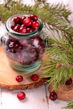 organic cranberries in the northern forest container on natural wooden table with pine branches alive selective focus. See seriesの写真素材
