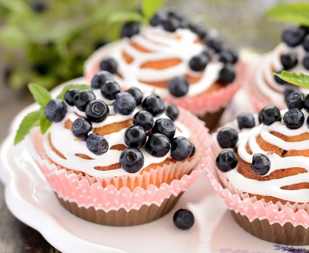 Homemade blueberry muffins in paper cupcake holder. Selective focusの写真素材