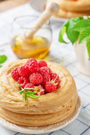 Ring cake with curd cream decorated with fresh ripe raspberries on a light background. selective Focusの写真素材
