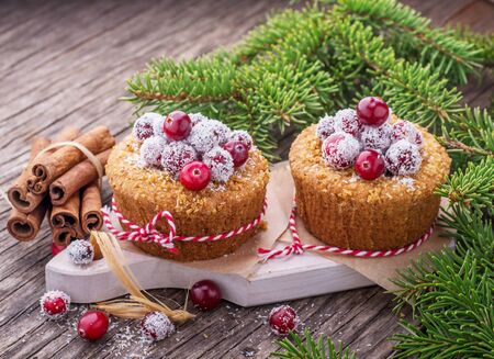 Fresh homemade cranberry muffins holiday in coconut flakes on a wooden background with fir-tree branches. selective Focusの写真素材