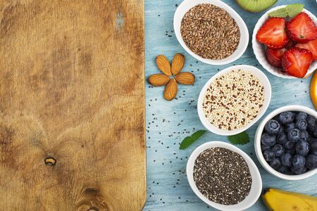 Seeds of flax, chia, quinoa: modern superfoods, healthy food ingredients, diets breakfast Top Viewの写真素材