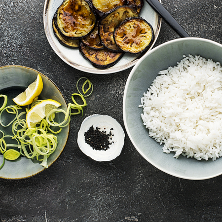 Without meat, teriyaki eggplant with basmati rice, leek, sesame. Top View,の写真素材