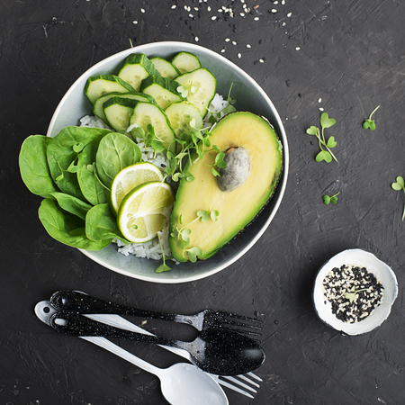 Vegetarian vegetable summer avocado micro-greenery bowl. Top Viewの写真素材