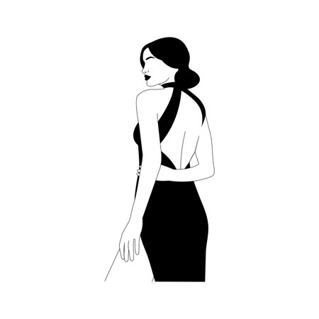 Elegant girl in a dress. Female linear figure, abstract body in minimalist style. For , postcards, posters and prints. vectorのイラスト素材
