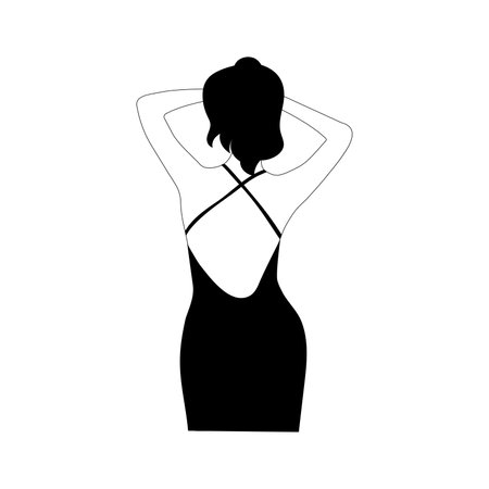 Elegant girl in a dress from the back. Female linear figure in the style of minimalism. For , postcards, posters and prints. Vectorのイラスト素材