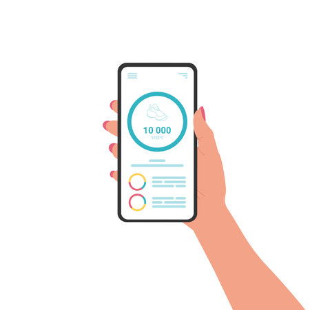 Girl holding phone, on screen step tracking app, smartphone pedometer on white background. Vectorのイラスト素材