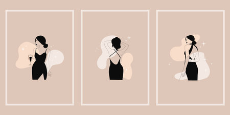 Set of posters with female silhouettes in evening dress colored spots. vector illustration. Suitable for , social media design for beauty industryのイラスト素材