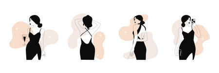 Set of silhouettes of minimalistic elegant women in an evening dress on colored spots. The vector illustration is perfect for aのイラスト素材