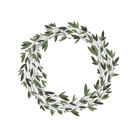 Eco-decor, wreath with green leaves and branches in rustic style. Vector flat illustration. Perfect for poster, print, card, invitation, congratulations.のイラスト素材