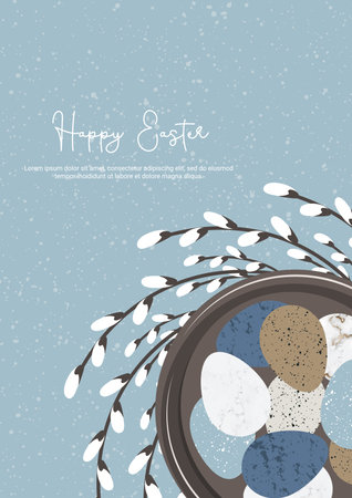 Easter card with Easter eggs on a plate and a wreath of willow in nature style on blue background. Vector poster, banner.のイラスト素材