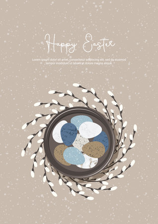 Easter card. Easter eggs on a plate with a wreath of willow. Eco decor. Vector for poster, print, postcard, invitation, congratulations, tag.のイラスト素材