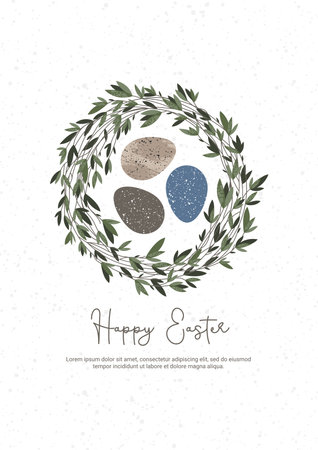 Easter card. With Easter eggs on a wreath with green leaves on a white background in nature style. Vector for poster, print, postcard, invitation, greeting, tag.のイラスト素材