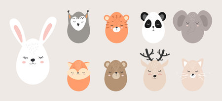 Cute cartoon animal faces on Easter eggs. The Feast of Holy Easter. vector illustrationのイラスト素材