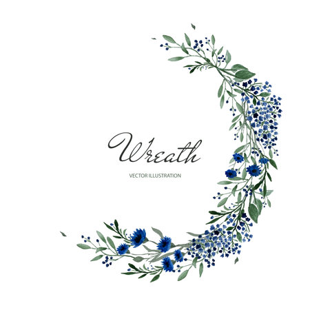 Wreath of watercolor summer blue flowers and green leaves. Vector illustration for wedding invitations, business cards, postcardsのイラスト素材