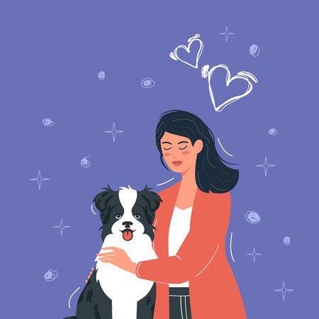 A sweet girl cuddles her beloved pet dog, an Australian shepherd dog. cartoon style illustration.のイラスト素材