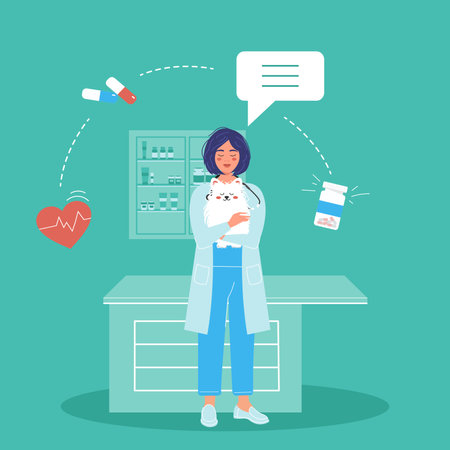 A vet with her dog. Veterinary clinic employee with her pet in the background of the office. vector illustration.のイラスト素材